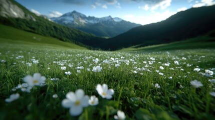 Obraz premium Alpine meadow, wildflowers, mountain backdrop