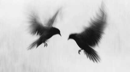 Two blurry black crows face each other in mid air