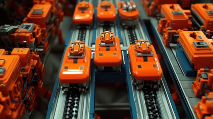 Fototapeta premium A drone view of an automated factory floor with synchronized robotic operations.