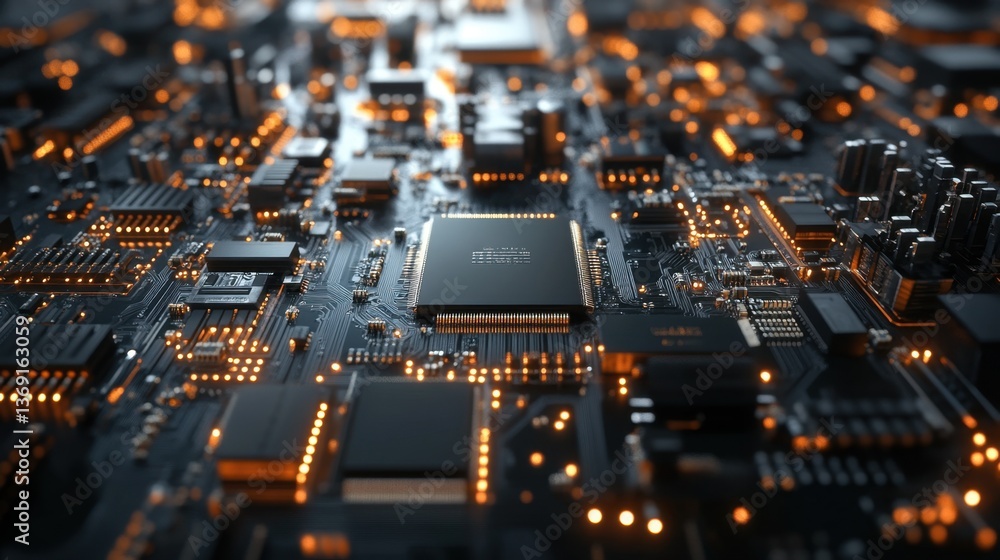 Poster a factory assembly line producing high-tech circuit boards and microchips.