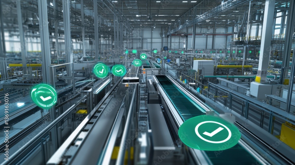 Poster a factory assembly line with green checkmarks indicating product quality approval.