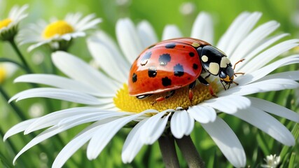 Fototapeta premium A stunning macro photograph of a ladybug perched on the golden center of a white daisy.