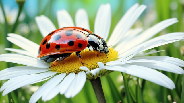 A stunning macro photograph of a ladybug perched on the golden center of a white daisy. - Powered by Adobe