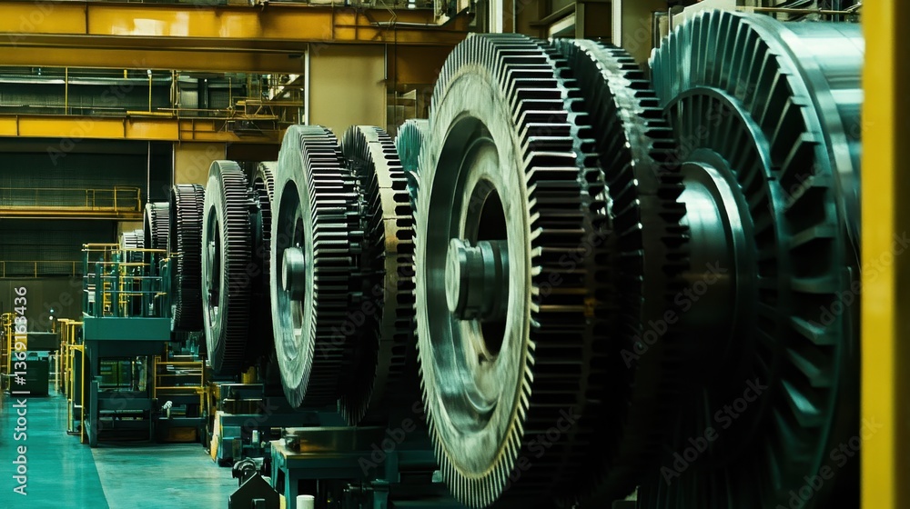 Poster a factory floor with large mechanical gears and complex production lines.