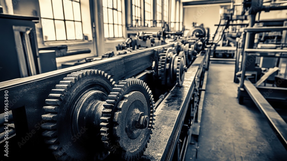 Poster a factory floor with large mechanical gears and complex production lines.