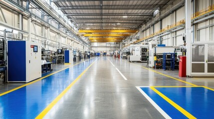 Fototapeta premium A factory floor with clearly marked safety lines and hazard signs for workplace safety.