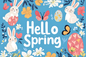Fototapeta premium Hello Spring! Celebrate the arrival of spring with adorable bunnies, colorful eggs, and fluttering butterflies.