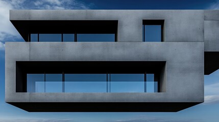 Obraz premium Modern concrete house, floating design. Exterior view, featuring clean lines, large windows and balconies