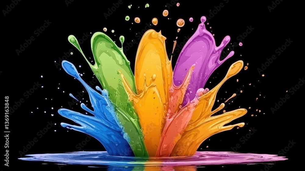 Poster vibrant splash of multicolored paint on a deep black background creating a stunning visual contrast