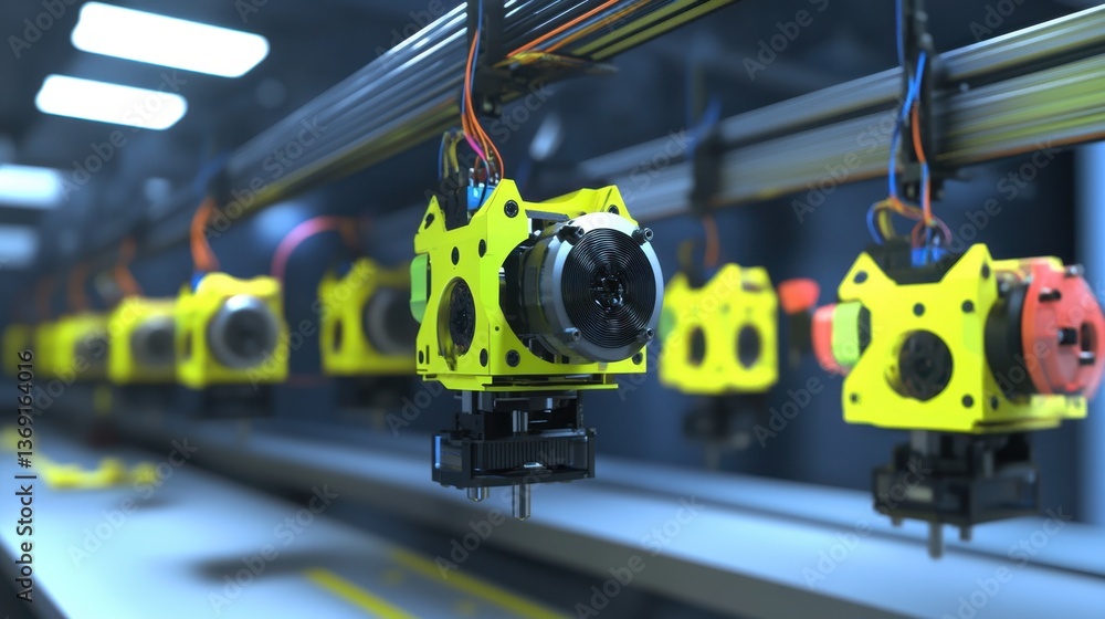 Poster a fully automated d printing production line creating industrial components.