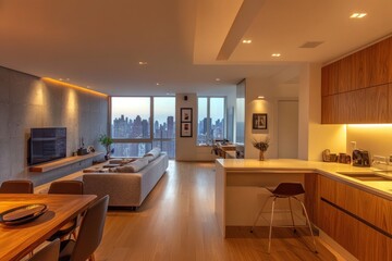 Luxurious modern apartment interior featuring kitchen and living area