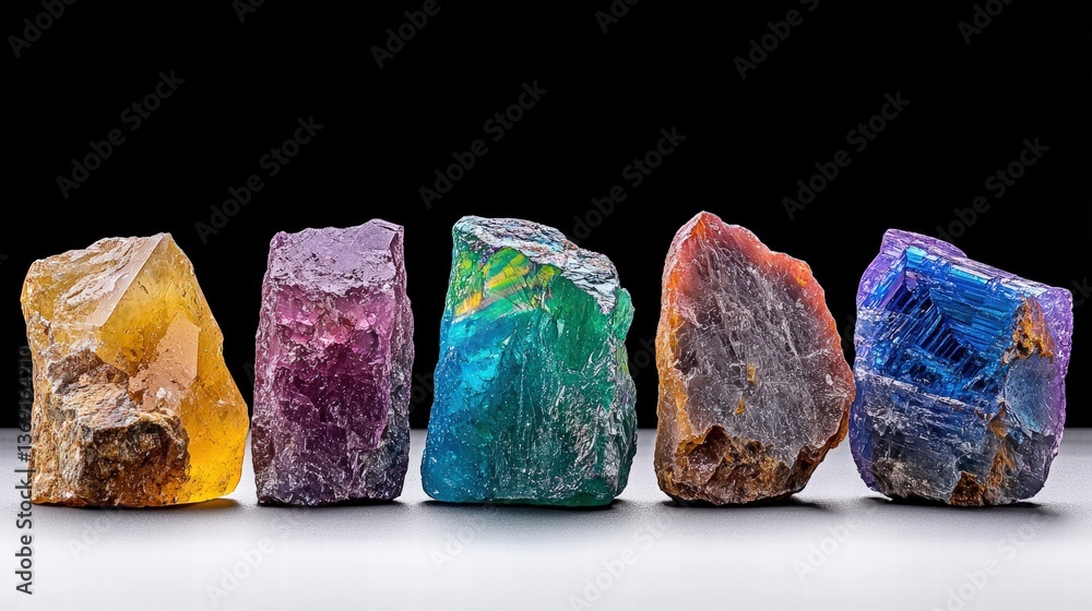 Poster collection of seven beautifully arranged crystals displaying unique colors and intricate patterns