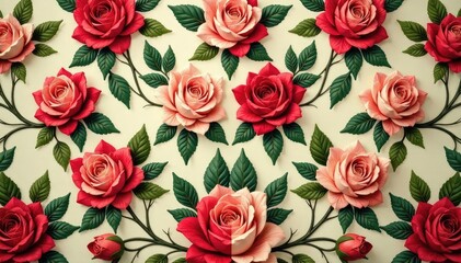 Intricate repeating rose pattern on vintage wallpaper, repetition, botanical
