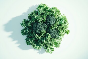 A vibrant cluster of broccoli florets nestled amongst lush kale leaves, showcasing their fresh green hues.