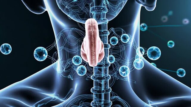 Rotating human thyroid gland, revealing anatomical structure, x ray style visualization with molecular elements surrounding neck and chest region