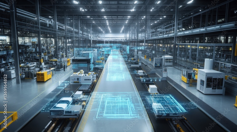 Poster a futuristic digital twin system analyzing real-time factory operations.
