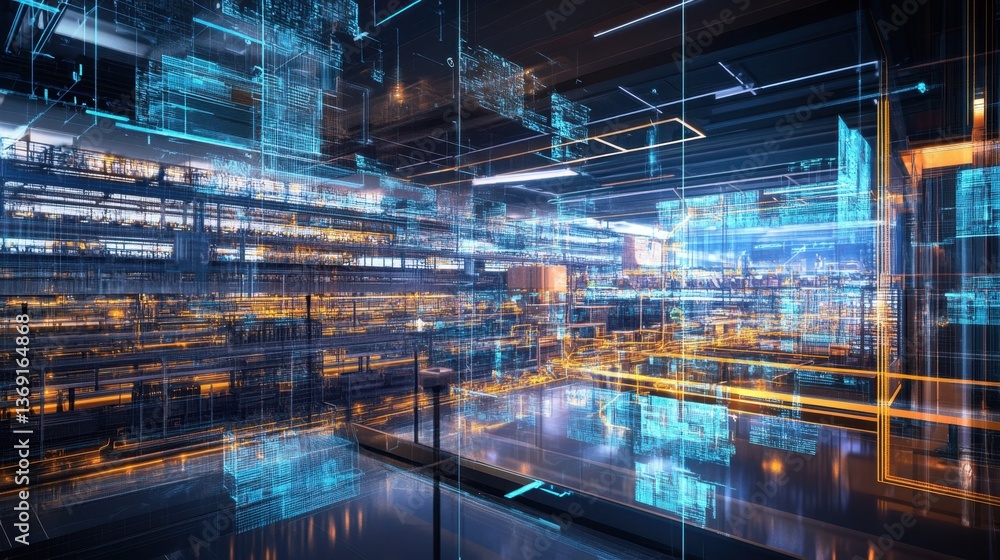 Poster a futuristic digital twin system analyzing real-time factory operations.