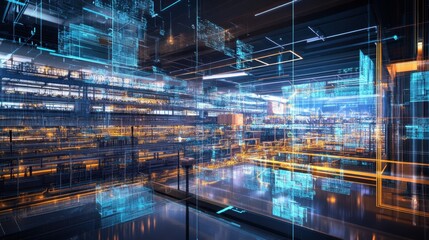 Fototapeta premium A futuristic digital twin system analyzing real-time factory operations.