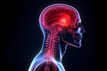 Human head with brain and spinal cord in red and blue on a black background side profile view