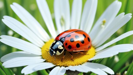 A close-up of a vibrant red ladybug with black spots resting on the yellow center of a white daisy.