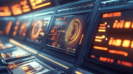 Obraz premium A futuristic factory with holographic displays and automated control panels.