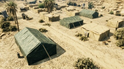 Military camp with tents in desert. Palm trees and sandy, arid landscape.