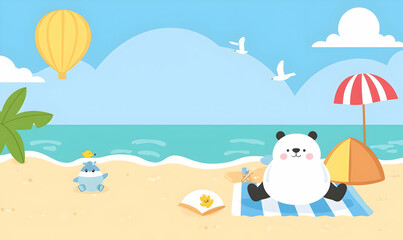 Cute Cartoon Bear Relaxing on Beach with Umbrella and Balloons