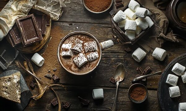 Cozy hot chocolate setup with marshmallows and chocolate pieces on a rustic wooden table