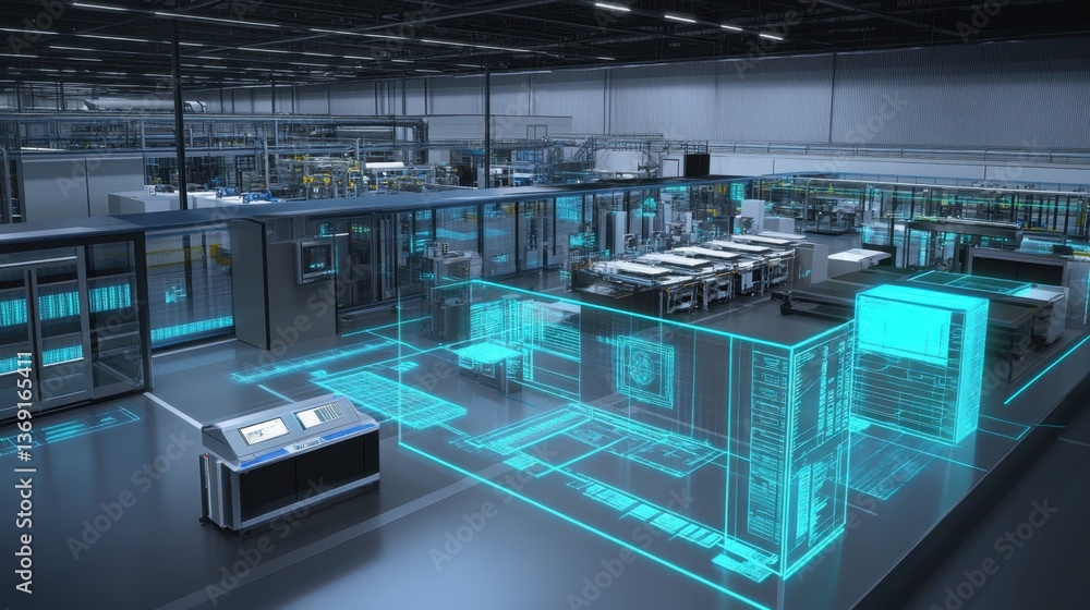 Poster a futuristic smart assembly line leveraging machine learning for predictive maintenance.