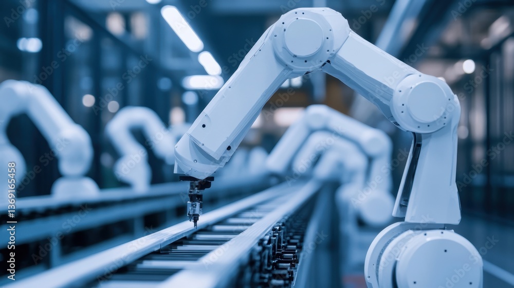Poster a futuristic smart factory integrating robotics and renewable energy systems.