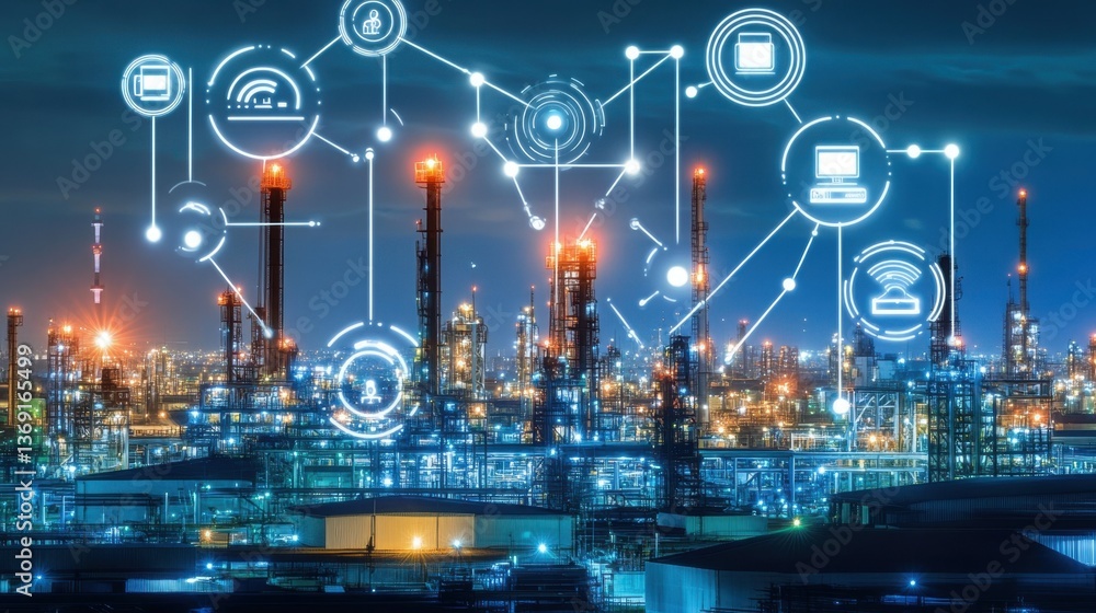 Poster a futuristic smart factory using ai and iot for real-time industrial monitoring.