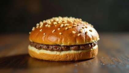 Sesame seed topped bun, slightly shiny surface , light, shadow, fresh