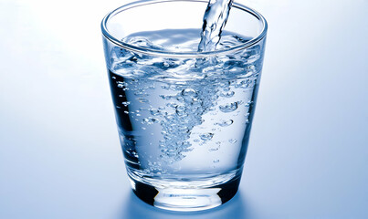 Clear Glass of Water Pouring with Bubbling Effect in Light Background