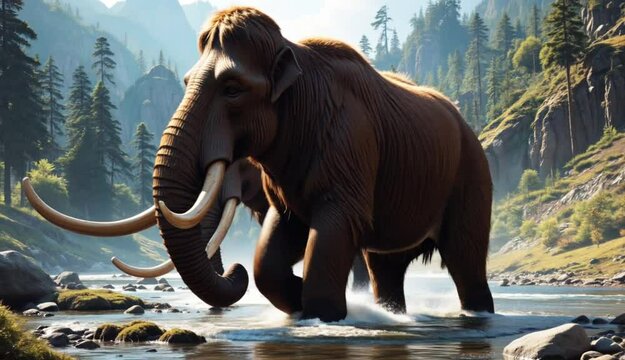 two mammoths walking on a rocky river