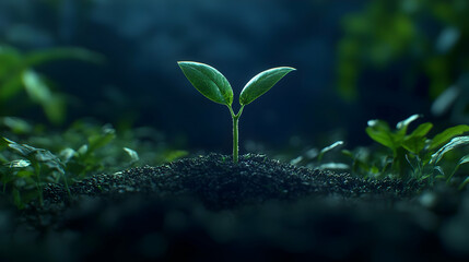 Green Sprout Emerging from Soil in Lush Forest Background