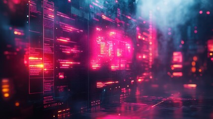 Obraz premium Futuristic digital interface, code display, dark urban environment, data processing in progress