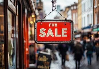Red Vintage For Sale Sign Hanging Shop Street Business Retail Commercial Property Hanging Sign Old Retro Antique Signboard Urban Cityscape Background 