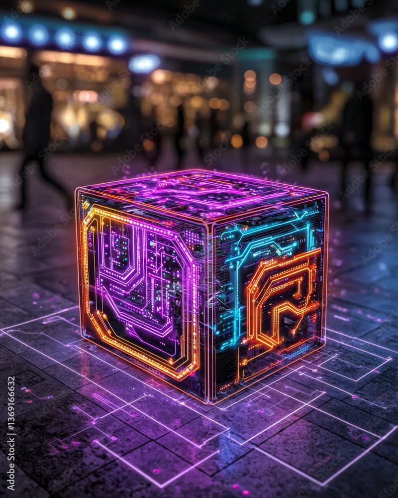 Poster futuristic computer cube featuring neon lights and high-tech elements creating a digital atmosphere