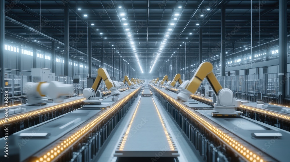 Poster a high-speed assembly line in a production plant with synchronized robotic arms.