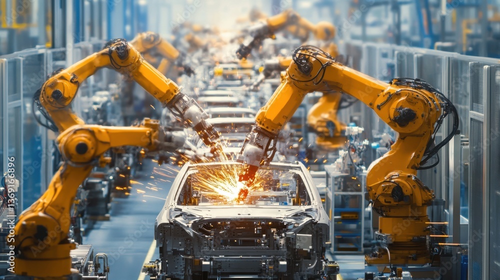 Poster a high-speed assembly line in a production plant with synchronized robotic arms.