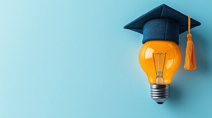 Graduation idea lightbulb with cap, blue background