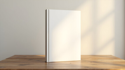 Minimalist hardcover book mockup with a blank white cover, standing upright on a wooden surface with soft natural lighting, ideal for branding, design presentations, and advertising.