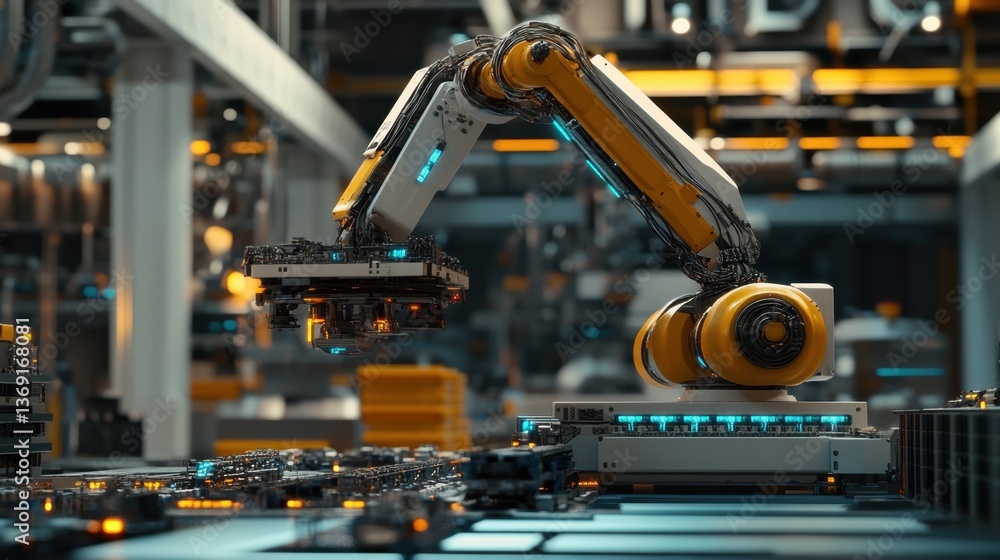 Poster a high-tech industrial ai system monitoring factory production in real time.