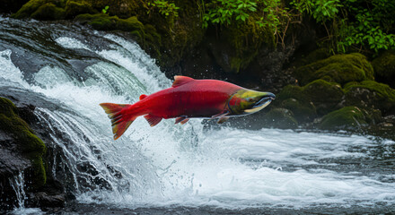 King salmon leaping through a rushing stream