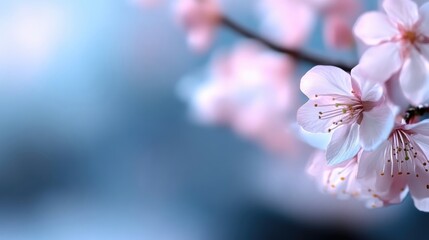 Delicate pink blossoms in soft focus, against a muted blue background.  A close-up view of a flowering branch, showcasing the intricate details of the petals and stamens.  A gentle springtime scene