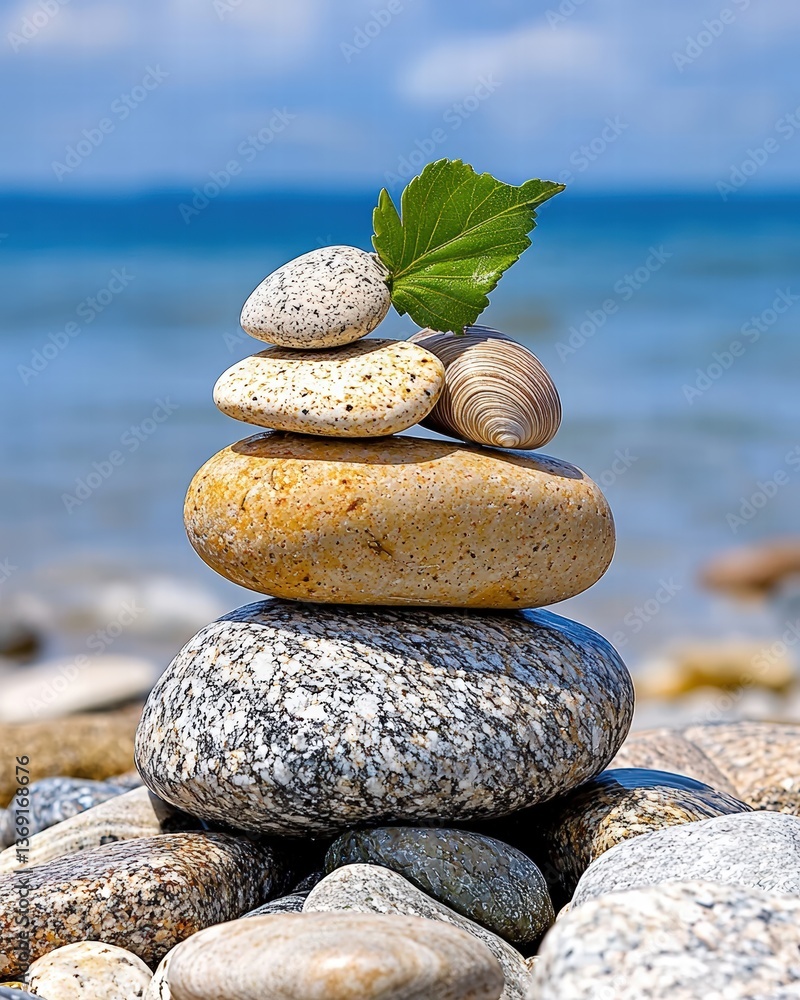 Poster a pile of smooth rocks with a single green leaf resting on top against a natural background setting