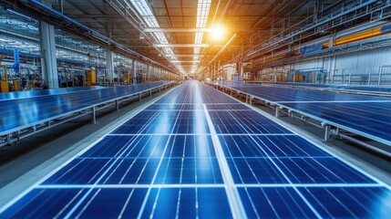 Obraz premium A high-tech solar panel production line assembling renewable energy components.
