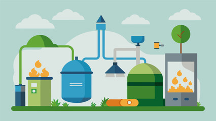 A system of ane digesters using anaerobic bacteria to convert gas emissions into biogas for heating and cooking purposes.. Vector illustration