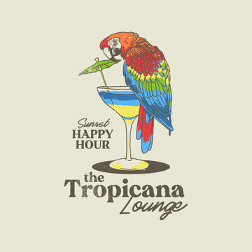 HAND DRAWN VINTAGE TROPICAL PARROT BIRD HAWAIIAN ANIMAL COCKTAIL DRINK FOOD BAR RESTAURANT BEACH RESORT OCEAN TRAVEL DESTINATION TSHIRT TEE PRINT FOR APPAREL MERCHANDISE