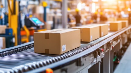 A large-scale packaging production line wrapping and sealing boxes.